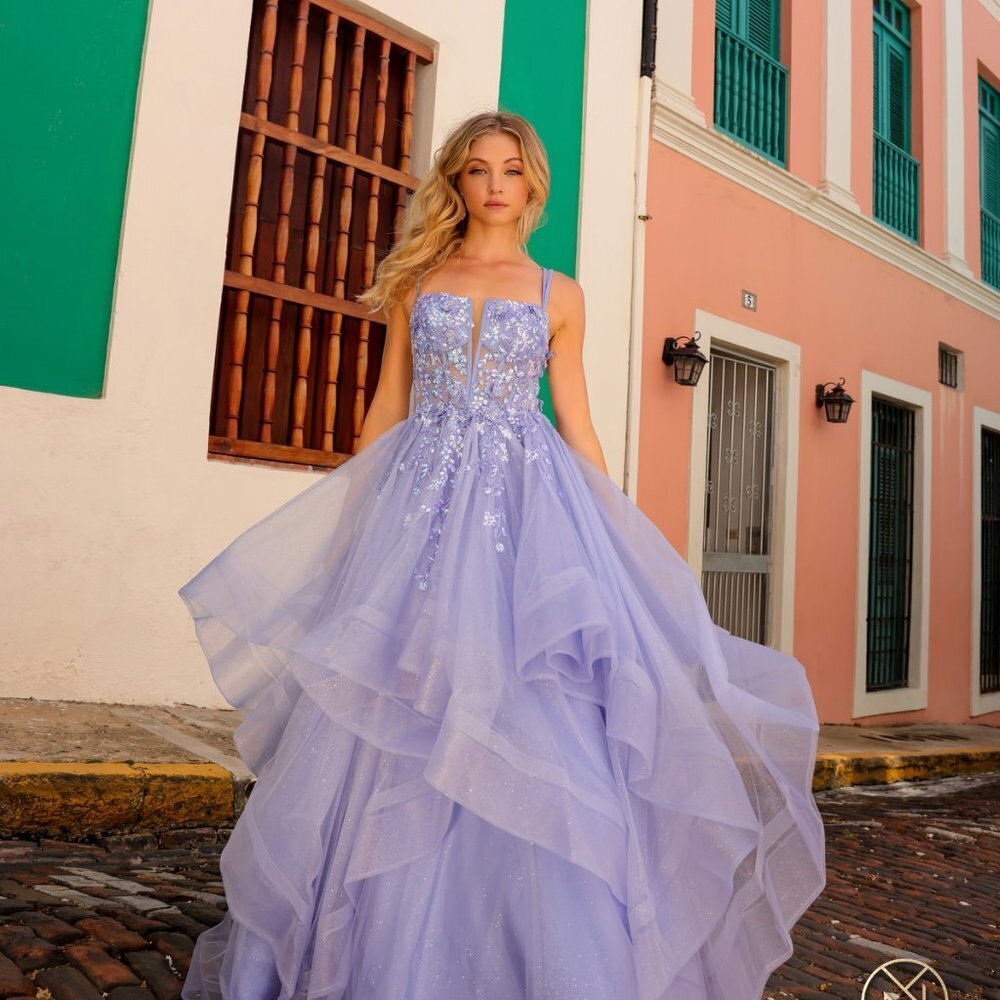 NEW LONG FORMAL BALL GOWN EMBROIDERED WITH SEQUINS & FLORAL APPLQIUE NX H1351